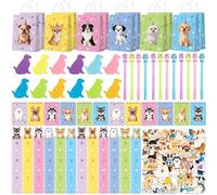 110 piezas de recuerdos de fiesta temática de perros, decoraciones de cumpleaños para perros, regalos de fiesta de adoptar un cachorro con bolsas de regalo, calcomanías MIni cuaderno de pluma, regla