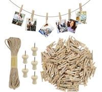 110 pinzas de madera pequeñas, minipinzas para la ropa, decoración para fotos, pequeñas pinzas de madera con 10 clavos y 1 cuerda de yute de 10 m para pared de fotos, embalaje de regalos (2,5 x 0,7