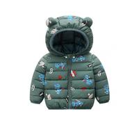 (110cm,Dark Green)Kid\'s Winter Puffer Jacket Printed Short Coat with Bear Ear Hood Zipper Closure