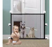 110x72cm Puerta de Malla de Escaleras Portátil Protectora, Valla de Aislamiento de Seguridad sin Perforaciones, Puerta Mágica Plegable de Mascotas con 6 Ganchos para Pasillos Interiores
