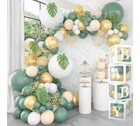 111 cajas de baby shower para decoración de niño y niña, 4 cajas de globos transparentes con letras "BABY" y 102 globos de arco verde salvia, blanco y dorado, cajas de bebé para decoración de fiesta