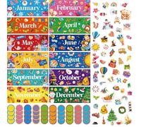 112 PCS Encabezados Mensuales de Vacaciones, Decoraciones de Cartel para los 12 Meses del Año en Diferentes Temas, 40 Tarjetas Redondas Escriturables y 60 Recortes Variados