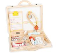 11743 Maletín de Dentista 2 en 1, small foot, Madera, jeringa, Estetoscopio, dentaduras, Juego de rol para niños.
