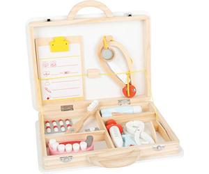 11743 Maletín de Dentista 2 en 1, small foot, Madera, jeringa, Estetoscopio, dentaduras, Juego de rol para niños.