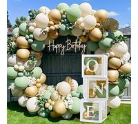 118pcs 1er Cumpleaños Decoraciones Niño Niña - 3Pcs Una Caja De Globos y 112Pcs Kit De Arco De Globos Verde Blanco Dorado Para Decoración De Primer Cumpleaños, Jungle Safari Party Supplies