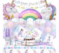 119 piezas unicornio fiesta vajilla juego de globos, fiesta de cumpleaños infantil arco iris unicornio decoración globo plato de papel para fiesta
