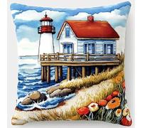 11CT Kit De Punto De Cruz De Cojín, Casas junto al mar y faro Funda De Almohada Bordada A Mano,Kit De Cojines De Punto De Cruz Estampados, Kits De Almohadas De Costura Diy 45x45cm