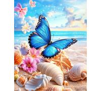 11CT Punto De Cruz Kit Completo Playa De Fantasía Con Conchas，Estrellas De Mar Y Mariposa Azul. Kits De Punto De Cruz Preimpresos Para Adultos，Decoración De Pared Diy Para Principiantes. 30x40cm