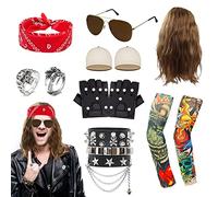 11Pcs Heavy Metal Rock Peluca Set, Rock Star Vintage Peluca Accesorios con Tatuajes Falsos Manga Diadema Gafas de Sol Guantes Pulsera Anillo para 60's 70's 80's Hombres Halloween Carnaval Rave Party