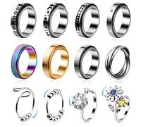 12 anillos de ansiedad para mujeres, anillos giratorios de acero inoxidable, anillo de luna y estrella, anillo abierto ajustable, anillo de girasol para hombres, adolescentes, regalo antiestrés,