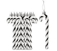 12 bastones de caramelo con purpurina para decoración de árbol de Navidad, bastón de caramelo de plástico, adorno colgante para árbol de Navidad, decoración de fiesta (negro y blanco)