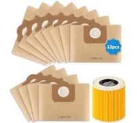 12 Bolsas +1 Filtro Cartucho Kärcher WD3 MV3 Ref 6.959-130.0 y 6.414-552.0 | compatibles con WD3 1629 MV3 A2201/2204/2554/2604