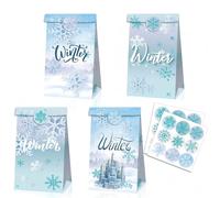 12 bolsas de regalo de copos de nieve de invierno, con castillo azul, fiesta de cumpleaños, dulces, decoración para fiestas, copos de nieve, pegatinas de cumpleaños para niños, Navidad