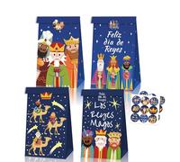 12 bolsas de regalo de Navidad, bolsas de regalo reutilizables de papel kraft con pegatinas, bolsas de regalo de tres reyes para fiestas y Navidad