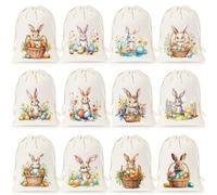 12 bolsas de regalo de Pascua de arpillera con cordón para dulces aperitivos recuerdos de fiesta, bolsas de golosinas de conejito para caza de huevos, premios de aula, escuela dominical, suministros