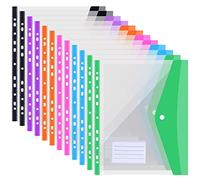 12 Bolsillos Perforados A4 Carpetas de Plástico Transparentes,Bolsillos para Documentos con Botón y Etiquetas, 11 Agujeros, 6 Colores