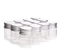 12 botellas vacías de vidrio transparente con tapa de aluminio de rosca, mini tarros para aceites esenciales, polvos, crema, ungüentos, grasa, cosméticos y muestras de maquillaje (15 ml)