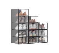 SONGMICS Cajas para Zapatos, Organizador de Zapatos de Plástico, con Puerta, Transparente, Juego de 12, Apilable, 33,2 x 23 x 14,5 cm, para Zapatos hasta 43, Transparente y Negro Tinta LSP312B01