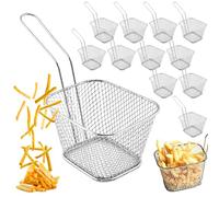 12 cestas para patatas fritas, cestas pequeñas plateadas de acero inoxidable para patatas fritas, mini cestas de patatas fritas, cesta para freír con asa, cesta para servir patatas fritas, camarones