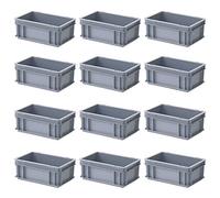 12 Contenedores Recipientes Europeos con 2 Asas, 300 x 200 x 120 mm, Gris, Peso 0,4 kg.