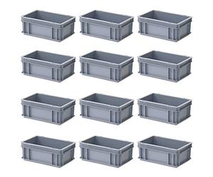 12 Contenedores Recipientes Europeos con 2 Asas, 300 x 200 x 120 mm, Gris, Peso 0,4 kg.