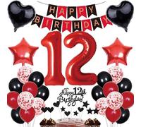 12º cumpleaños decoraciones para niñas y niños Happy Birthday Banner & Cake Topper Set Rojo y Negro para 12 Años Fiesta