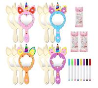 12 Espejo de Madera de Bricolaje Espejo,Mini Espejos de Madera de unicornio, Juego de Manualidades Para Cumpleaños Infantiles,Espejo de Madera Para Pintar Para Manualidades, Niños,Regalo Para Fiestas