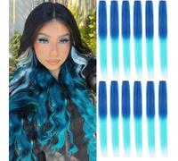 12 extensiones de cabello de color azul R + azul celeste de 22 pulgadas, extensiones de cabello con clip coloridas, con reflejos, fiestas, regalo para niños y mujeres (azul real + azul, 60)