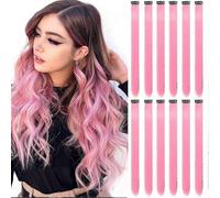 12 extensiones de cabello rosa con clip, extensiones con reflejos de fiesta de colores para niñas, postizo