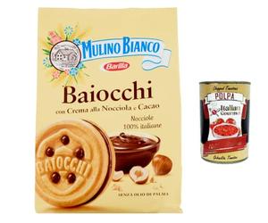 12 galletas Mulino Bianco Baiocchi con crema de avellanas y cacao para desayuno y aperitivo dulce para la tarde 260 g + Polpa italiano gourmet 400 g