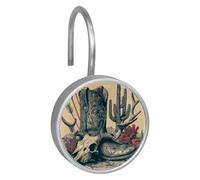 12 ganchos de cortina de ducha de gato con diseño de calavera de vaquero del salvaje oeste, ganchos de cortina de ducha, rodillos, anillos de ducha redondos de acero inoxidable para baño