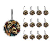 12 ganchos de cortina de ducha de metal resistentes a la corrosión, diseño de calaveras y guitarra, 12 ganchos decorativos para cortina de ducha de Dia de Los Muertos, decoración de baño
