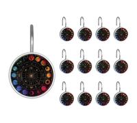 12 ganchos redondos decorativos para cortina de ducha, coloridos signos del zodiaco planetas, símbolos a prueba de óxido, anillos de cortina de baño para barras de ducha y forro