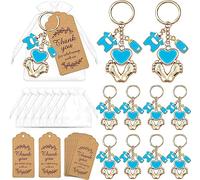 12 juegos de recuerdos de baby shower para niños, llaveros de huella azul, regalos con biberón, ropa de bebé, bolsas de organza blancas y etiquetas de agradecimiento para decoraciones de baby shower