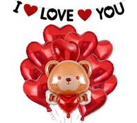 12 kits de decoración de San Valentín, 10 globos de aluminio de corazón rojo de 18 pulgadas, globo grande de oso de peluche de 35 pulgadas y 1 pancarta "I Love You" para decoración de boda, día de San