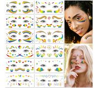 12 Láminas Calcomanías de Tatuaje Temporal Arcoíris con Purpurina para Cara Impermeables Arte Corporal para Mujeres Adultos Festival Maquillaje de Fiesta