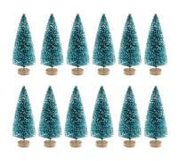 12 mini árboles de Navidad artificiales con base de madera, árboles de cepillo para botellas, adornos de nieve de plástico, color verde oscuro, 8,5 cm