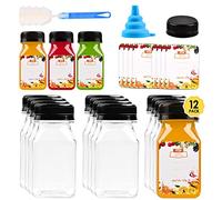 12 mini botellas de jugo de plástico de 4 onzas con tapas para jugos y batidos, botellas transparentes vacías reutilizables con etiqueta, embudo y cepillo, leche, agua