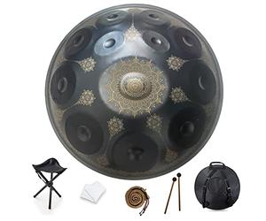 12 notas 22 pulgadas Handpan, D-Minor 432 Hz Instrumento de percusión de tambor de acero, Mandala Rendimiento musical Hecho a mano Curación Instrumento musical Regalo Negro