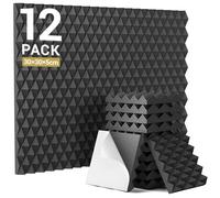 12 Pack-30×30×5 cm Paneles de Espuma Acústica Auto-Adhesiva, TONOR Pirámide Diseñado Paneles de Sonido para la Absorción de Ecos, Rápida Expansión, Espumas Absorbentes para el Hogar y Estudio, Negro