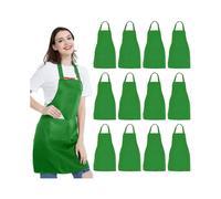 12 Pack Bib Apron - Unisex Green Apron Bulk with 2 Roomy Pockets Machine Washable for Kitchen Crafting BBQ Drawing