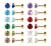 12 Pares de acero inoxidable quirúrgico plana Volver Stud Pendientes, Tornillo Volver Corazón Estrella Cuadrado Lágrima Ronda Chapado en Oro CZ Birthstone Stud Pendientes Set