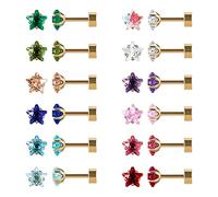 12 Pares de acero inoxidable quirúrgico plana Volver Stud Pendientes, Tornillo Volver Corazón Estrella Cuadrado Lágrima Ronda Chapado en Oro CZ Birthstone Stud Pendientes Set