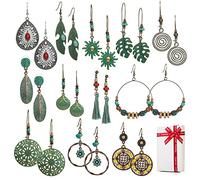 12 pares de pendientes colgantes de estilo bohemio, conjunto colgante vintage para ropa mujeres niñas, retro bohemio oriental pendientes colgantes piercing en la oreja con flores hojas borlas plumas