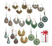 12 pares de pendientes colgantes de estilo bohemio, conjunto colgante vintage para ropa mujeres niñas, retro bohemio oriental pendientes colgantes, piercing en la oreja con flores hojas gotas de agua