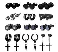 12 Pares Pendientes Hombre Aro Pendientes Hombre Acero Inoxidable, Brincos Homem Unisex Sin Alergias 12 Estilos Para El Uso Diario Los Desplazamientos Al Trabajo Las Fiestas & Festivas（Negro）