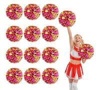 12 Pcs Cheerleading Pom Poms,13.7inch Cheerleader Pompoms with Four finger payment,Fit for Team Spirit Sports Dance Cheering (Rose red+gold)