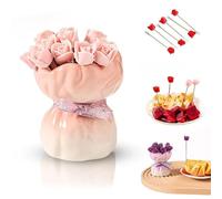 12 Pcs Rose Shaped Fruit Forks with Elegant Ceramic Storage Vase, Rose Fruit Fork Set, Creative Tableware Set for Home Kitchen, Party, and Dining Decor Accessories (Pink)