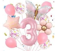 12 Piezas 3 Años Globos Decoración Cumpleaños Niña, Globos de Mariposa con Globos Florales Cumpleaños, Globos de 3º Cumpleaños, Decoración de Niña de 3º Cumpleaños