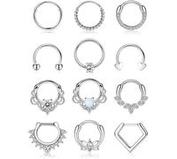 12 Piezas Anillos de Septum 16G para Mujeres y Hombres, Acero Quirúrgico Hipoaergénico, Joyería para Piercing de Nariz, Aros de Tragus con Cierre de Clicker, Anillo de Nariz con CZ de Amor, 8-10mm